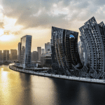 DaVinci Tower by Pagani exterior in Business Bay overlooking Dubai Canal