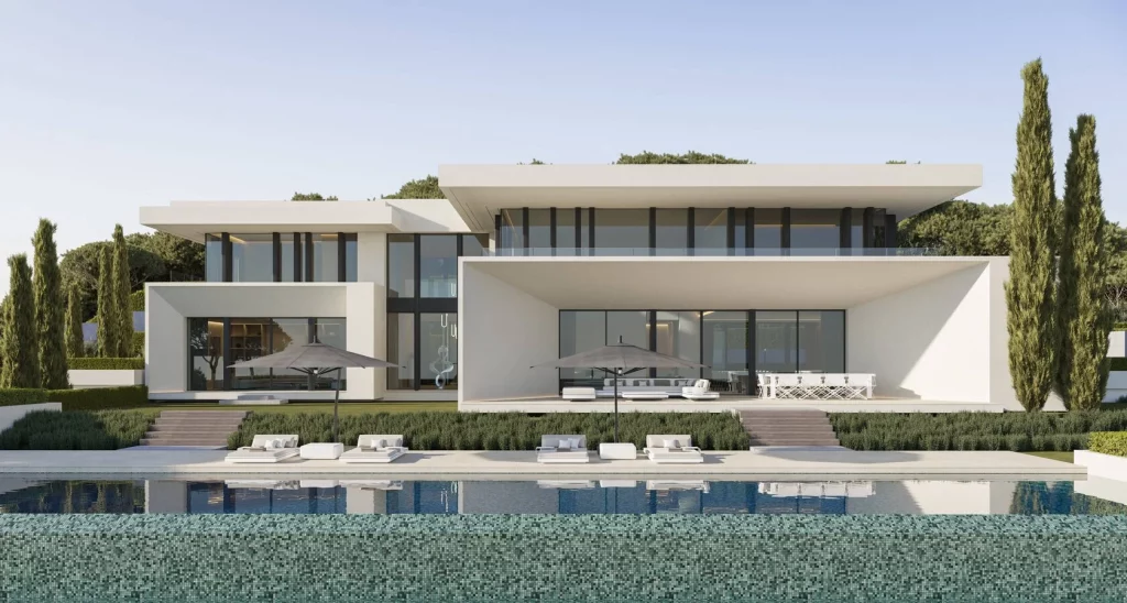Woodland Marbella Villa | Private Luxury Villas in Benahavís 14 Villa Forest Bay Marbella by Prime Address Monaco 1 1 Villa Forest Bay Marbella exterior with contemporary architecture and panoramic mountain views