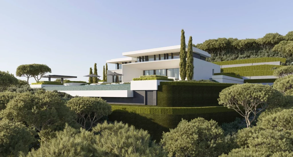 Woodland Marbella Villa | Private Luxury Villas in Benahavís 17 Villa Forest Bay Marbella by Prime Address Monaco 4 Villa Forest Bay Marbella exterior with contemporary architecture and panoramic mountain views