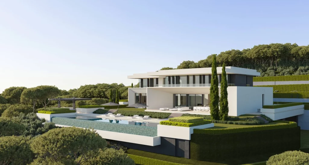 Woodland Marbella Villa | Private Luxury Villas in Benahavís 20 Villa Forest Bay Marbella by Prime Address Monaco 7 Villa Forest Bay Marbella exterior with contemporary architecture and panoramic mountain views