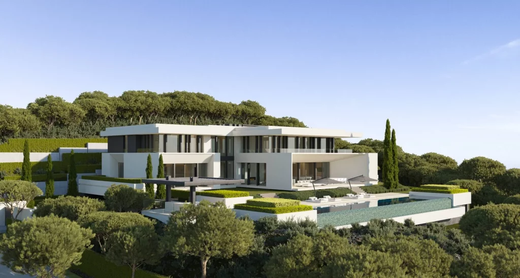 Woodland Marbella Villa | Private Luxury Villas in Benahavís 21 Villa Forest Bay Marbella by Prime Address Monaco 8 Villa Forest Bay Marbella exterior with contemporary architecture and panoramic mountain views