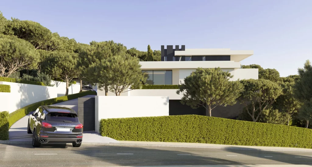 Woodland Marbella Villa | Private Luxury Villas in Benahavís 28 Woodland Villa Pine Crest By Prime Address Monaco 2 Woodland Marbella Villa Pine Crest modern façade surrounded by natural landscape