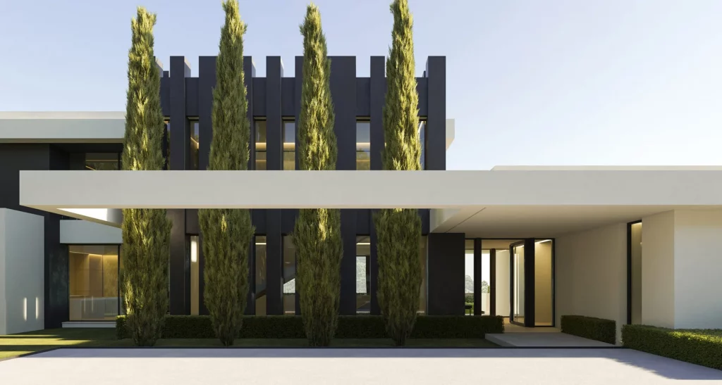 Woodland Marbella Villa | Private Luxury Villas in Benahavís 26 Woodland Villa Pine Crest By Prime Address Monaco 3 Woodland Marbella Villa Pine Crest modern façade surrounded by natural landscape