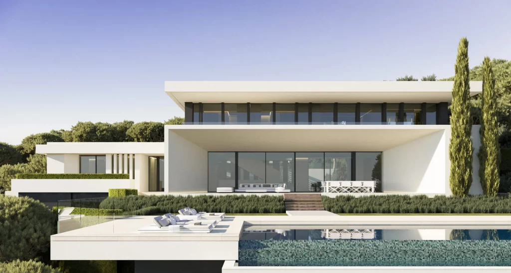 Woodland Marbella Villa | Private Luxury Villas in Benahavís 29 Woodland Villa Pine Crest By Prime Address Monaco 4 Woodland Marbella Villa Pine Crest modern façade surrounded by natural landscape