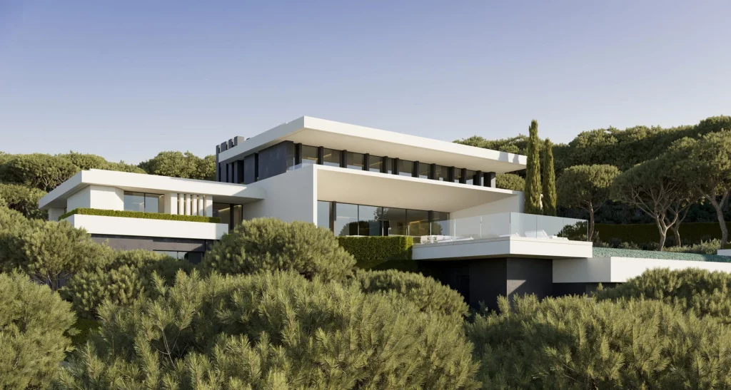 Woodland Marbella Villa | Private Luxury Villas in Benahavís 32 Woodland Villa Pine Crest By Prime Address Monaco 7 Woodland Marbella Villa Pine Crest modern façade surrounded by natural landscape